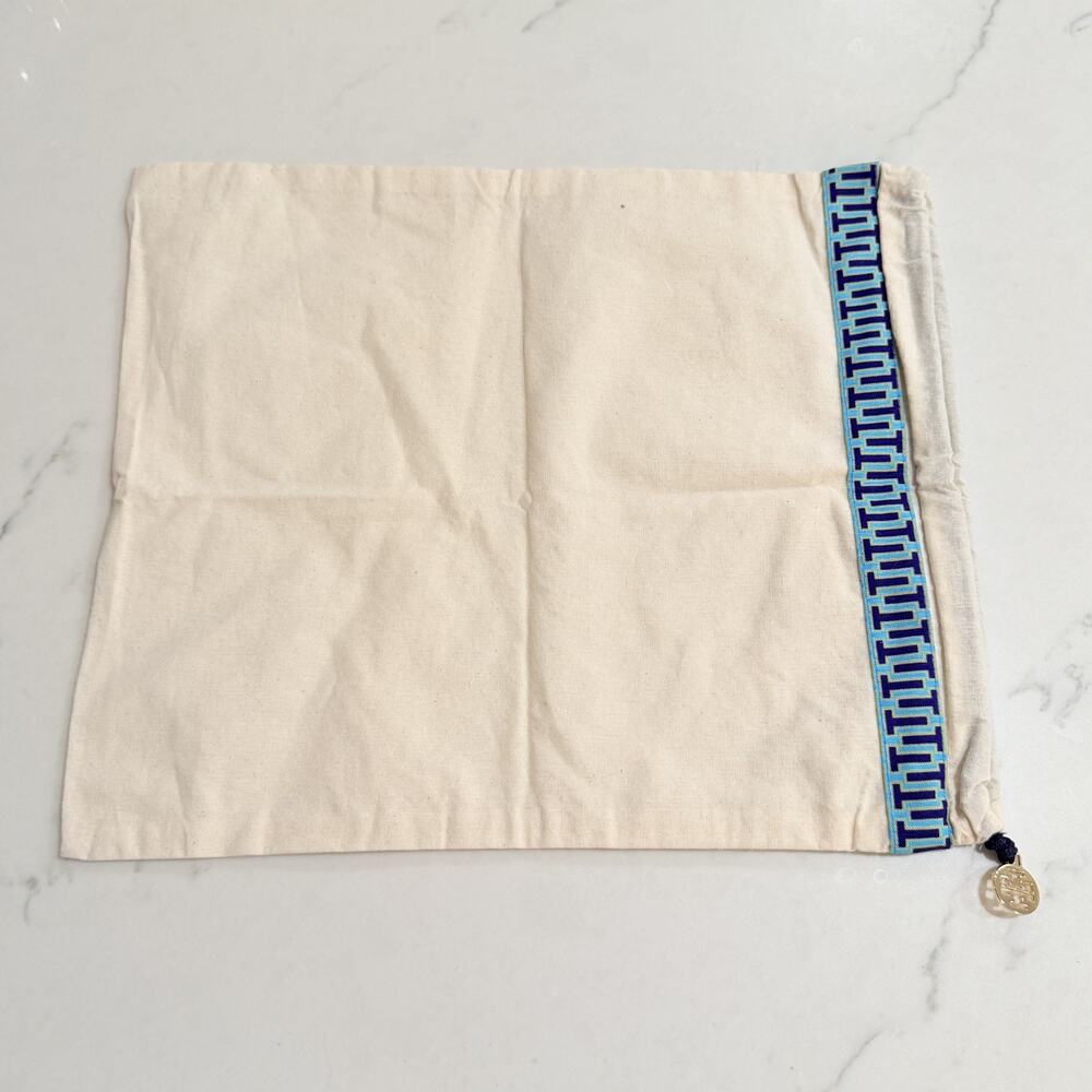 Tory Burch dust bag 12" x 14" off white with gold tone logo charm shoe purse